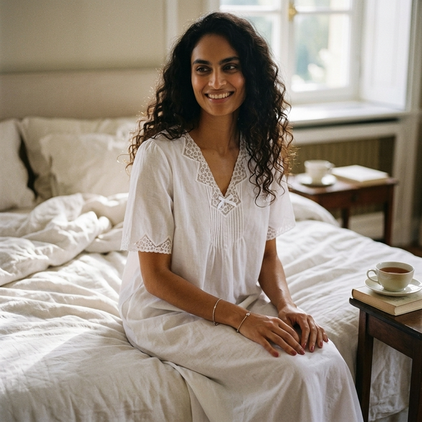 A woman with long curly dark hair sits on a bed wearing a white short-sleeve nightgown with lace trim. The bedroom has soft natural light, with a window in the background and a small bedside table holding a cup and books.