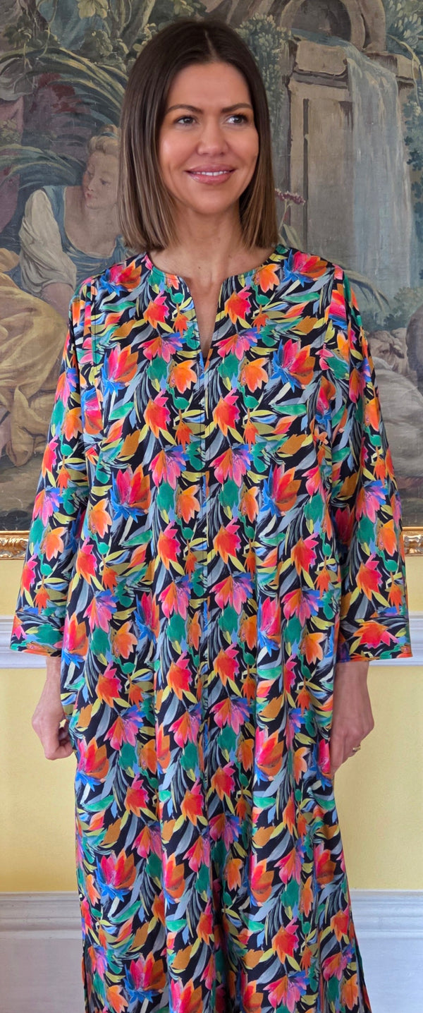 Kaia cotton kaftan with lowers on black ground by tuttabankem.