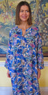 Liora viscose kaftan in a floral pattern on blue ground by tuttabanekm