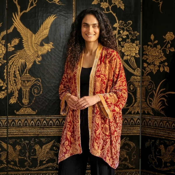 A woman with long curly dark hair stands in front of a black folding screen with gold ornate patterns, wearing a red and gold patterned open-front jacket or robe over a black top and black pants.
